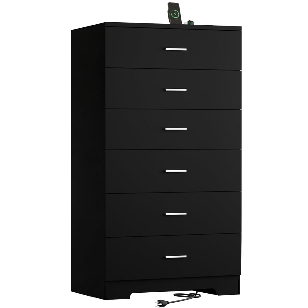 Black 6 Drawer Wood Dresser with Power Outlets O1504