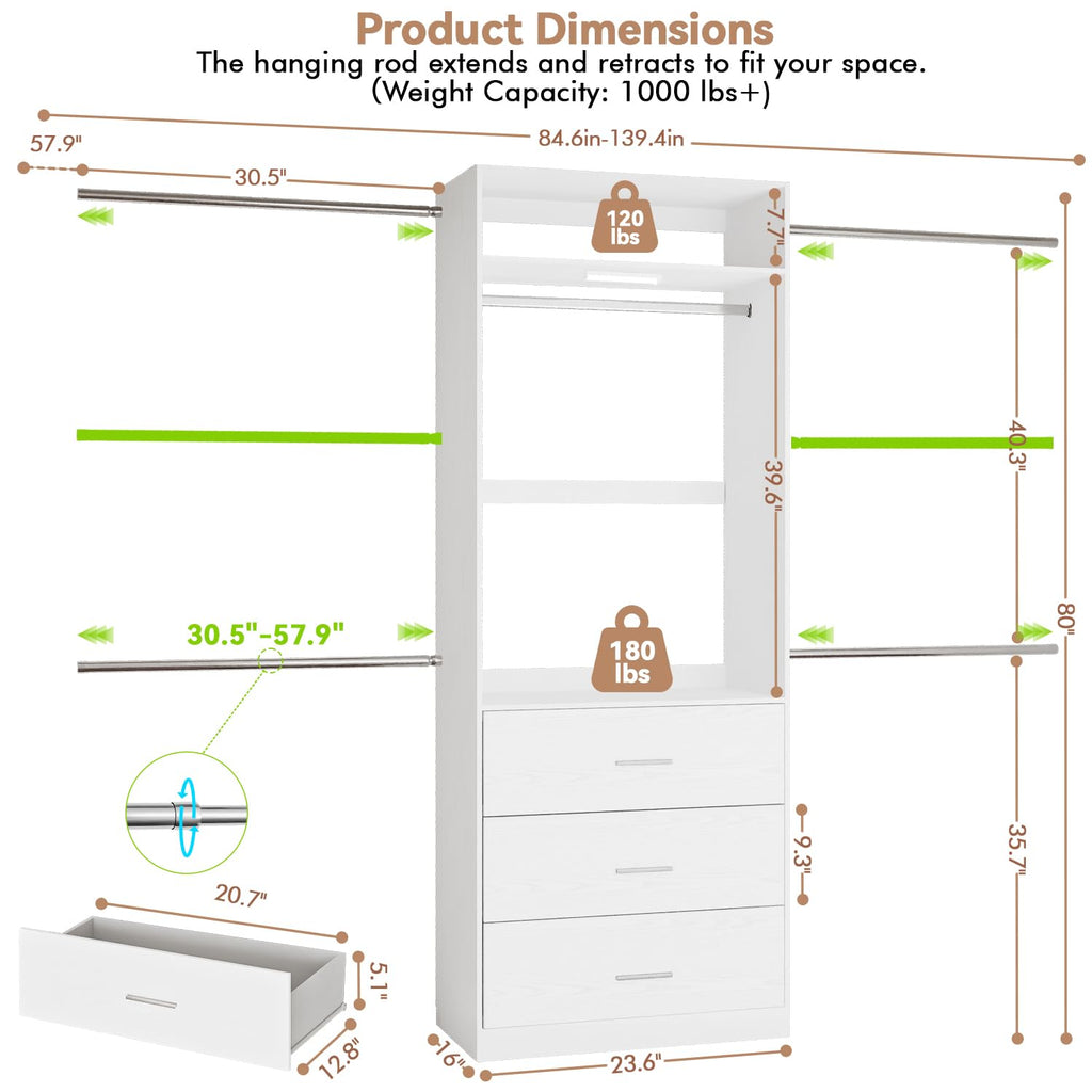Wooden 11FT Closet Organizer with 3 Drawers and 4 Hanging Rods White Q5567
