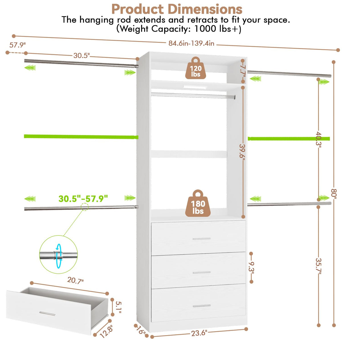 Wooden 11FT Closet Organizer with 3 Drawers and 4 Hanging Rods White Q5567
