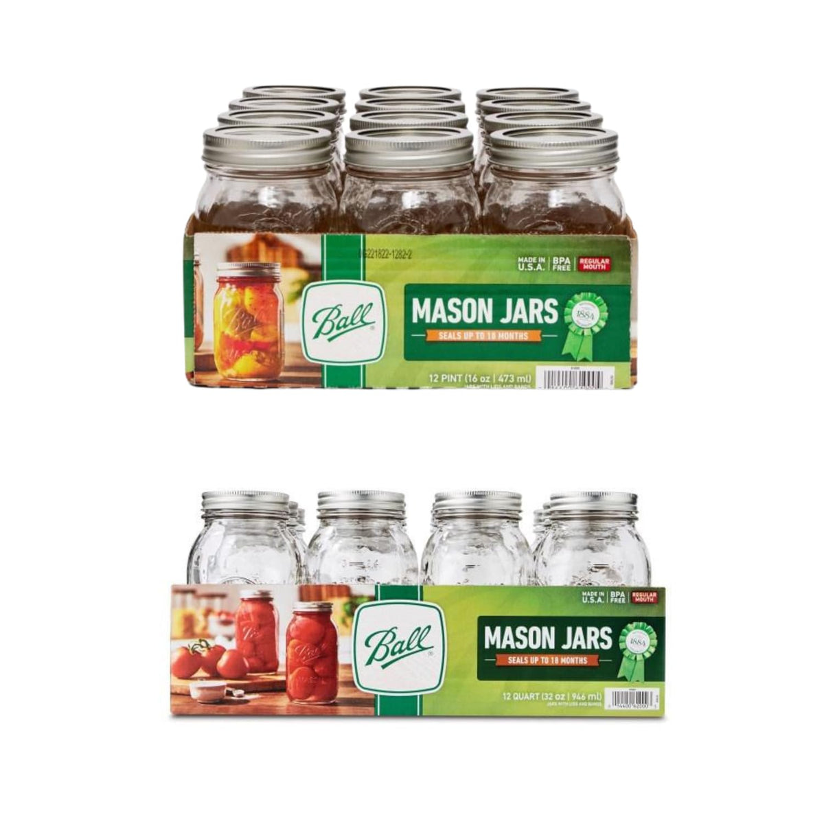 Regular Mouth Glass Mason Jars with Lids and Bands, 12 Pint 16 Ounce + 12 Quart 32 Ounce U87555