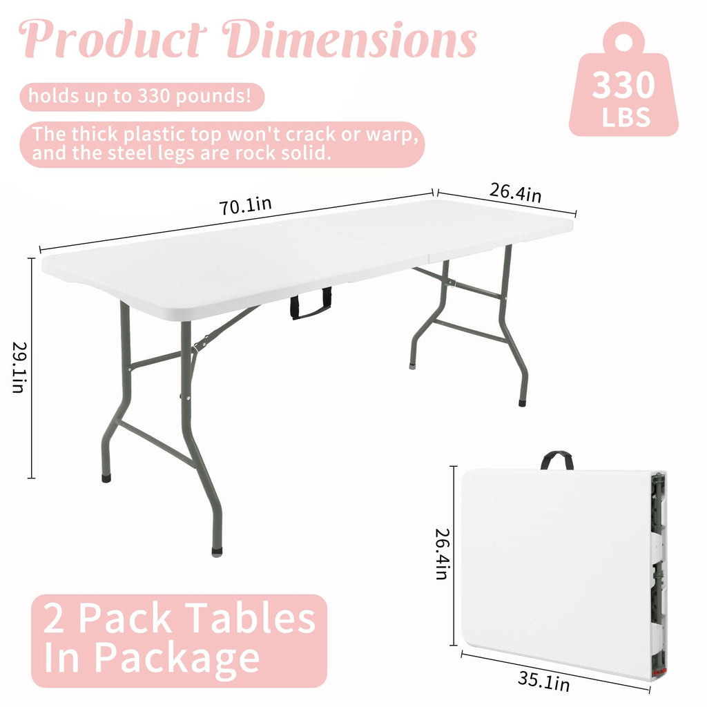 2 Pack 6 Feet Portable Folding Table White Plastic U109
