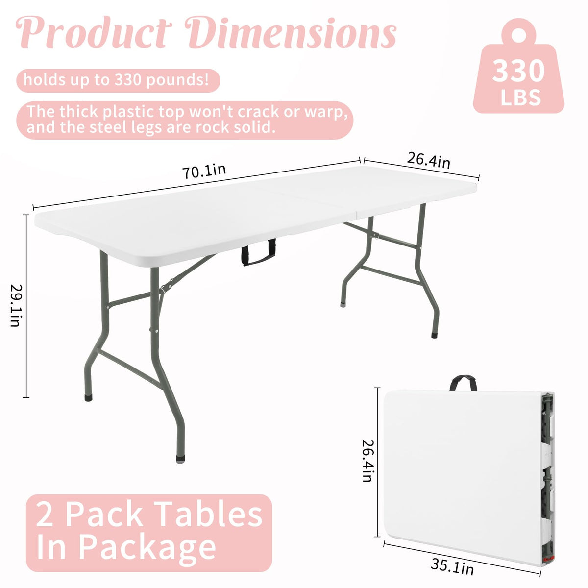 2 Pack 6 Feet Portable Folding Table White Plastic U109