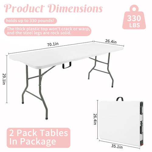 2 Pack 6 Feet Portable Folding Table White Plastic U109