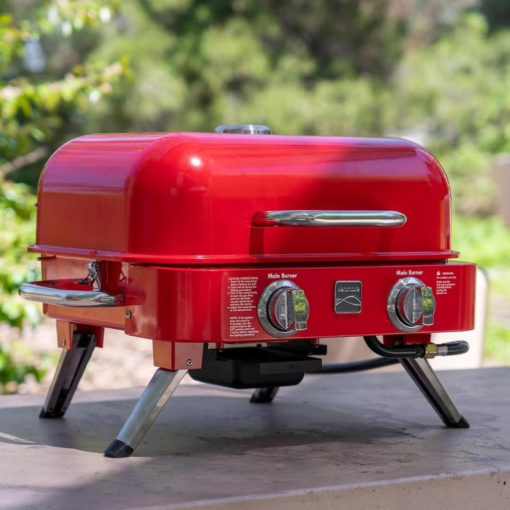 Portable Propane Gas Grill with Warming Rack, 2 Stainless Steel Burners, 14,000 BTUs, Red Y47772