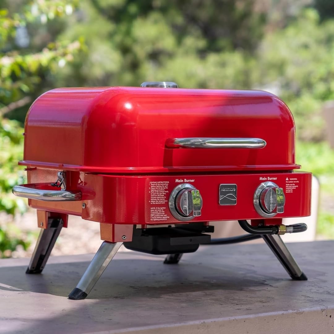 Portable Propane Gas Grill with Warming Rack, 2 Stainless Steel Burners, 14,000 BTUs, Red Y47772