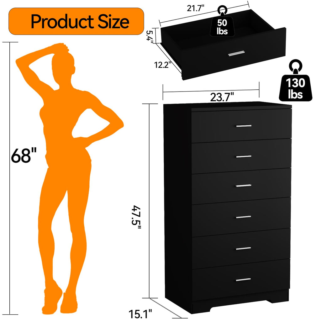 Black 6 Drawer Wood Dresser with Power Outlets O1504