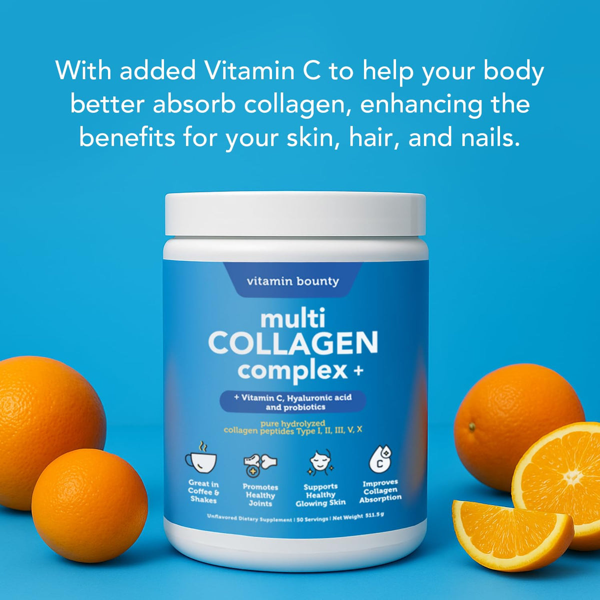 Multi Collagen Peptides Powder with Probiotics, Vitamin C & Hyaluronic Acid, 50 Servings J993933