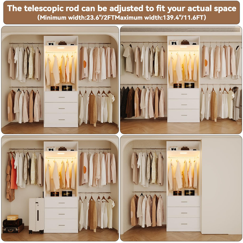 Wooden 11FT Closet Organizer with 3 Drawers and 4 Hanging Rods White Q5567