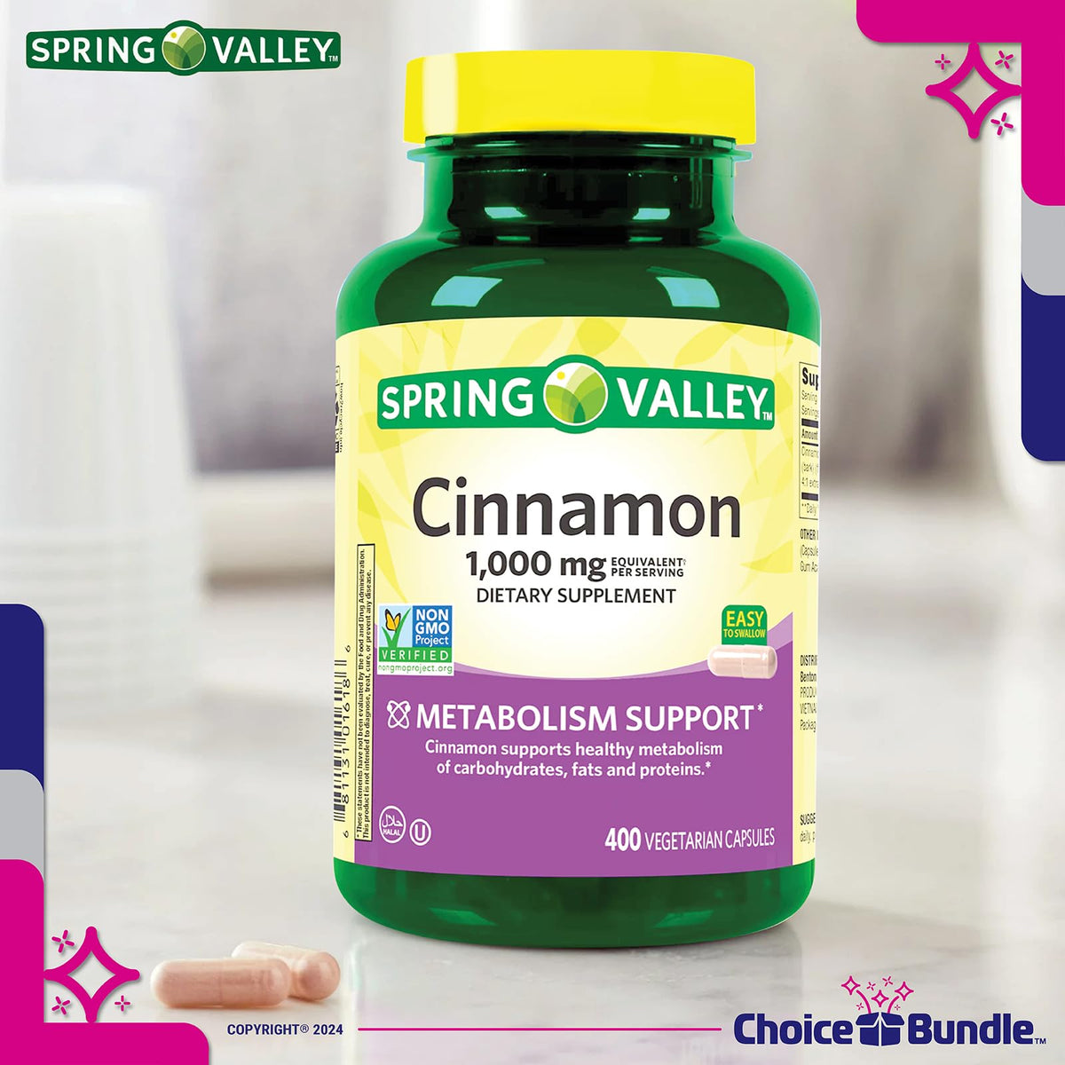 Cinnamon Supplement 1000mg 400 ct Vegetarian Capsules W353
