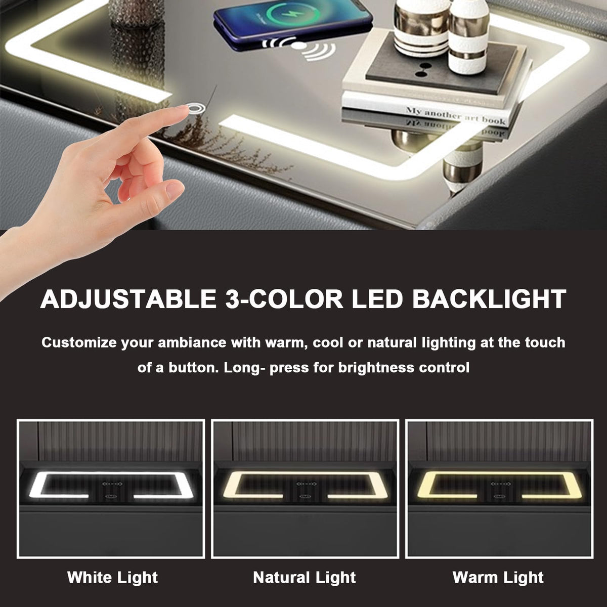 White 3 Drawer LED Nightstand with Wireless Charging O334954