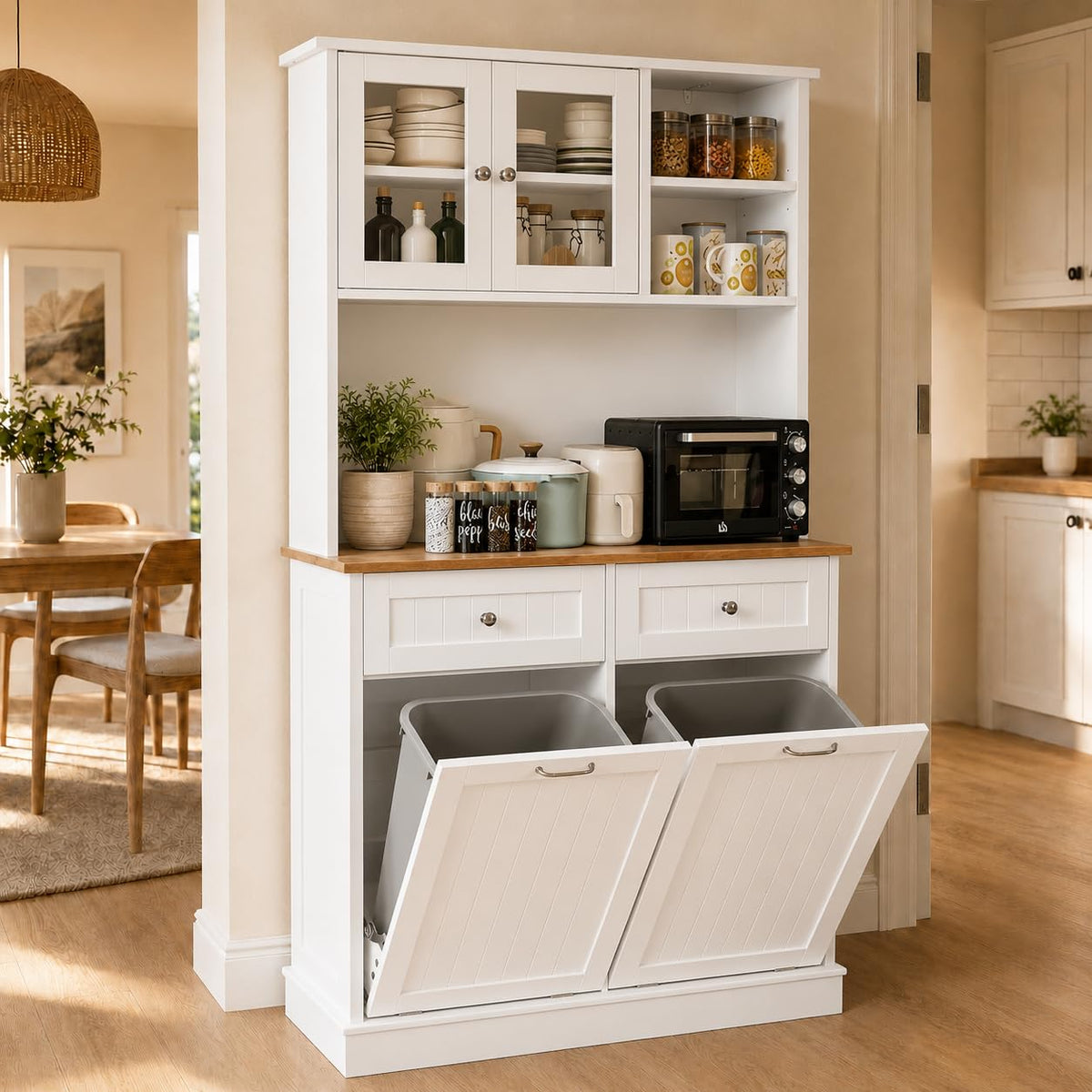 68.4" White Kitchen Pantry Storage Cabinet with Shelf, 2 Drawers and Tilt Out Trash Cabinet L814