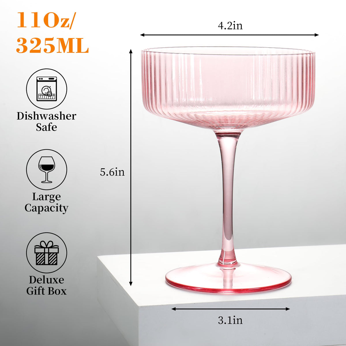 10 oz Pink Ribbed Coupe Glasses Set Z2113