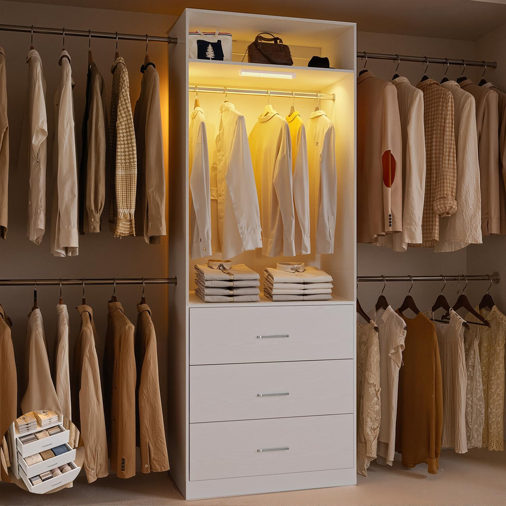Wooden 11FT Closet Organizer with 3 Drawers and 4 Hanging Rods White Q5567