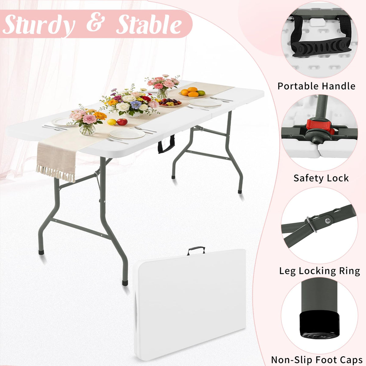 2 Pack 6 Feet Portable Folding Table White Plastic U109