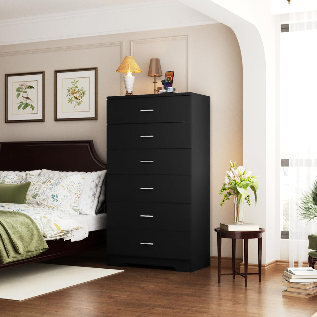 Black 6 Drawer Wood Dresser with Power Outlets O1504
