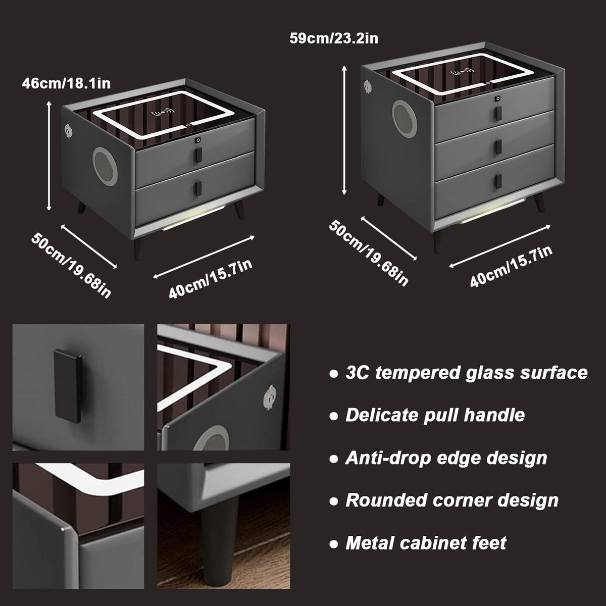 White 3 Drawer LED Nightstand with Wireless Charging O334954