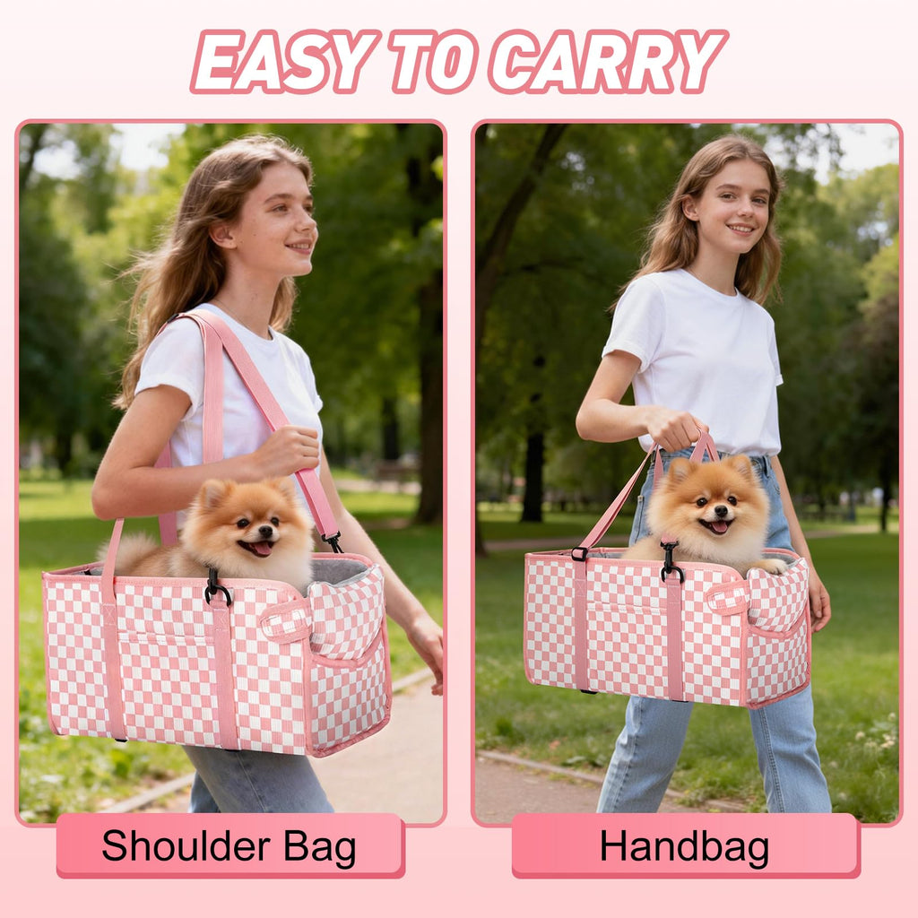 Pink Checkered Foldable Dog Car Seat D5288