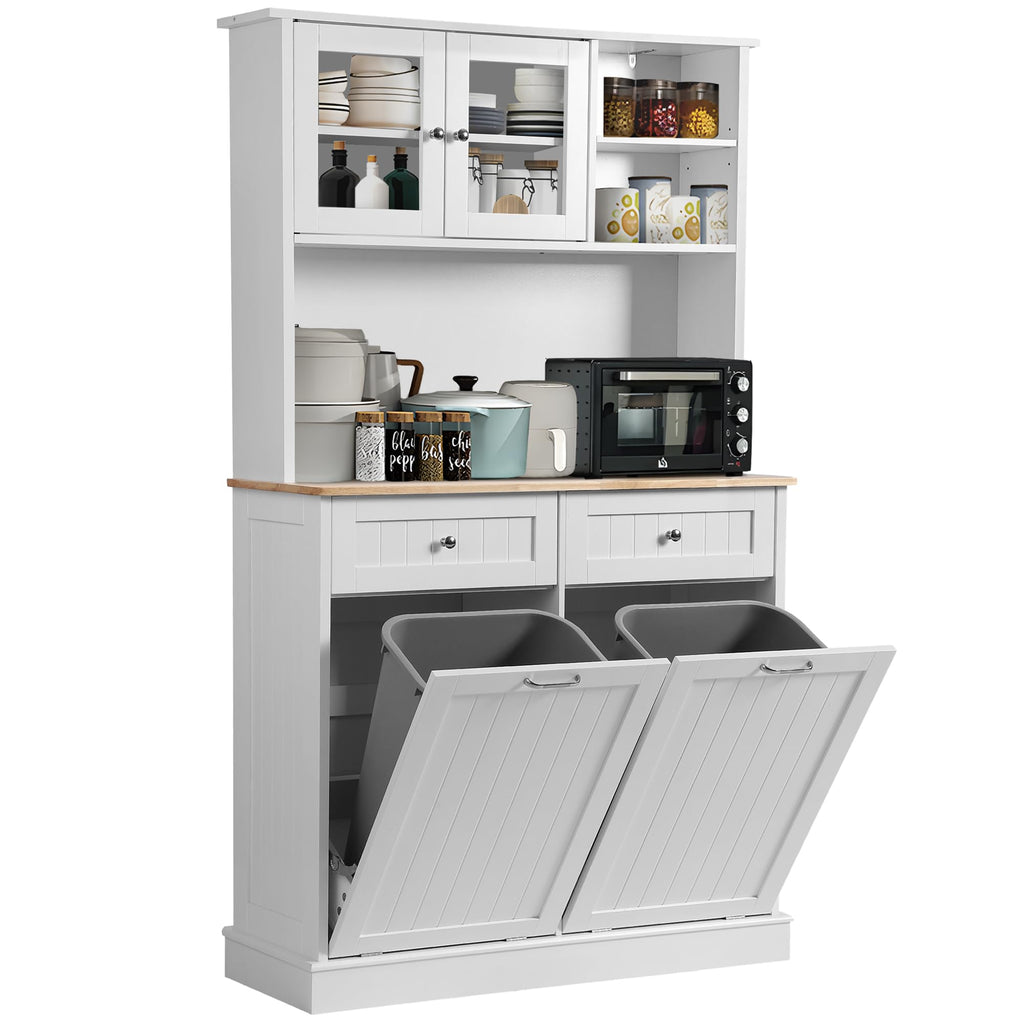 68.4" White Kitchen Pantry Storage Cabinet with Shelf, 2 Drawers and Tilt Out Trash Cabinet L814