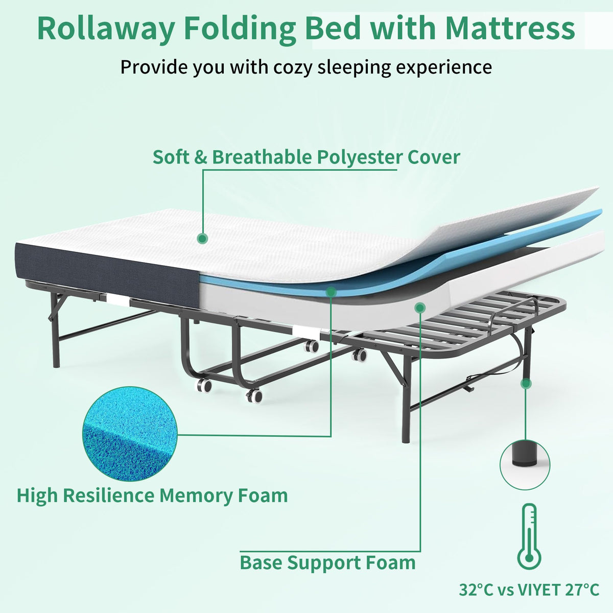 Folding Bed with Mattress, 5-Inch Memory Foam, 500lbs Capacity, Metal Frame, Adjustable Headboard R48179