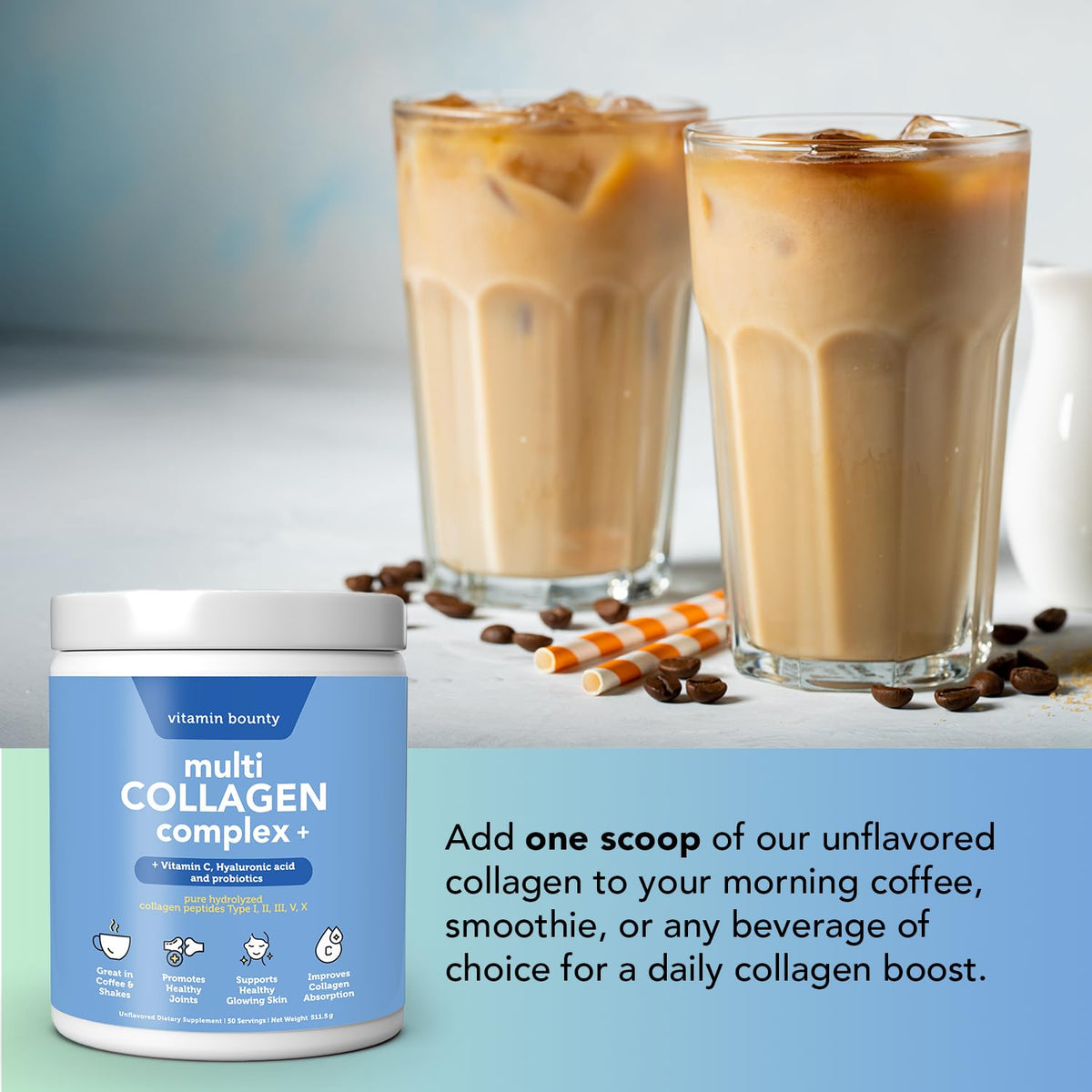 Multi Collagen Peptides Powder with Probiotics, Vitamin C & Hyaluronic Acid, 50 Servings J993933