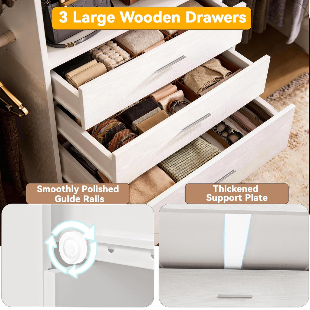 Wooden 11FT Closet Organizer with 3 Drawers and 4 Hanging Rods White Q5567