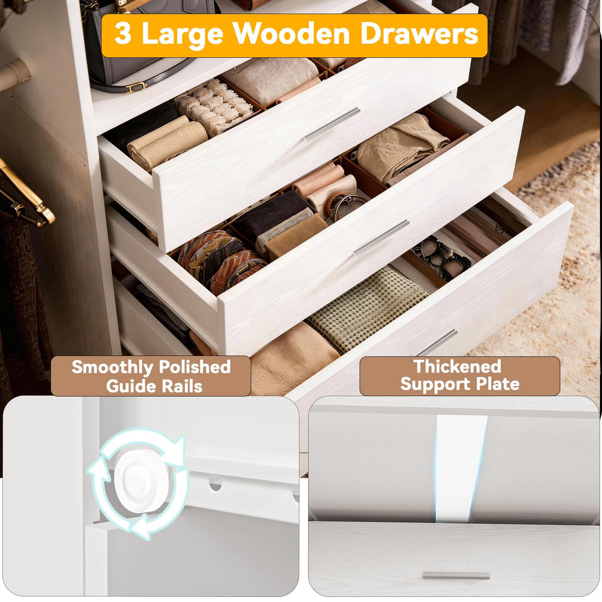 Wooden 11FT Closet Organizer with 3 Drawers and 4 Hanging Rods White Q5567
