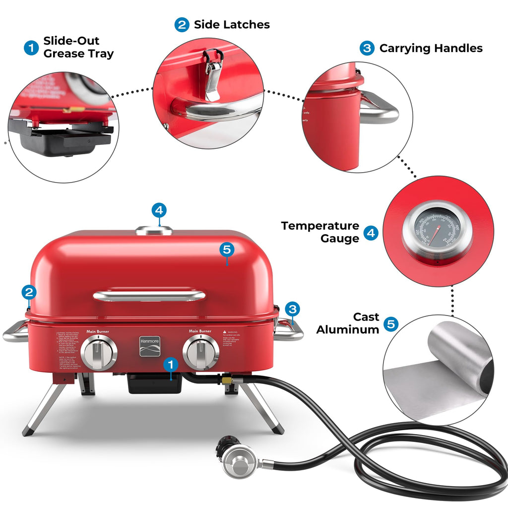 Portable Propane Gas Grill with Warming Rack, 2 Stainless Steel Burners, 14,000 BTUs, Red Y47772
