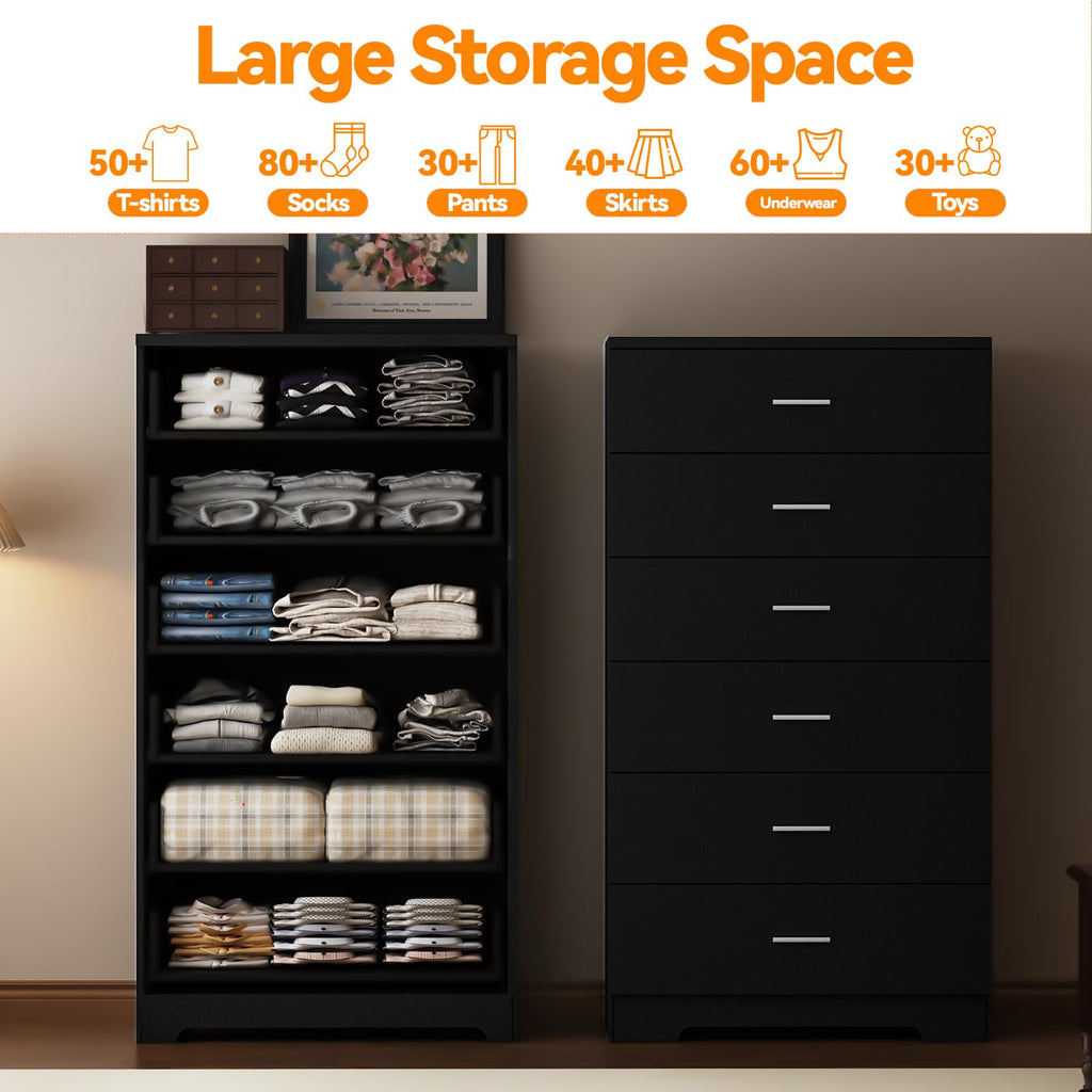 Black 6 Drawer Wood Dresser with Power Outlets O1504
