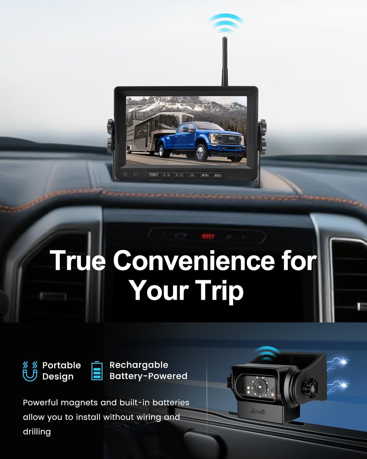 Wireless WiFi Magnetic Backup Camera 7" IPS Monitor HD 1080P Rechargeable Battery Y7031