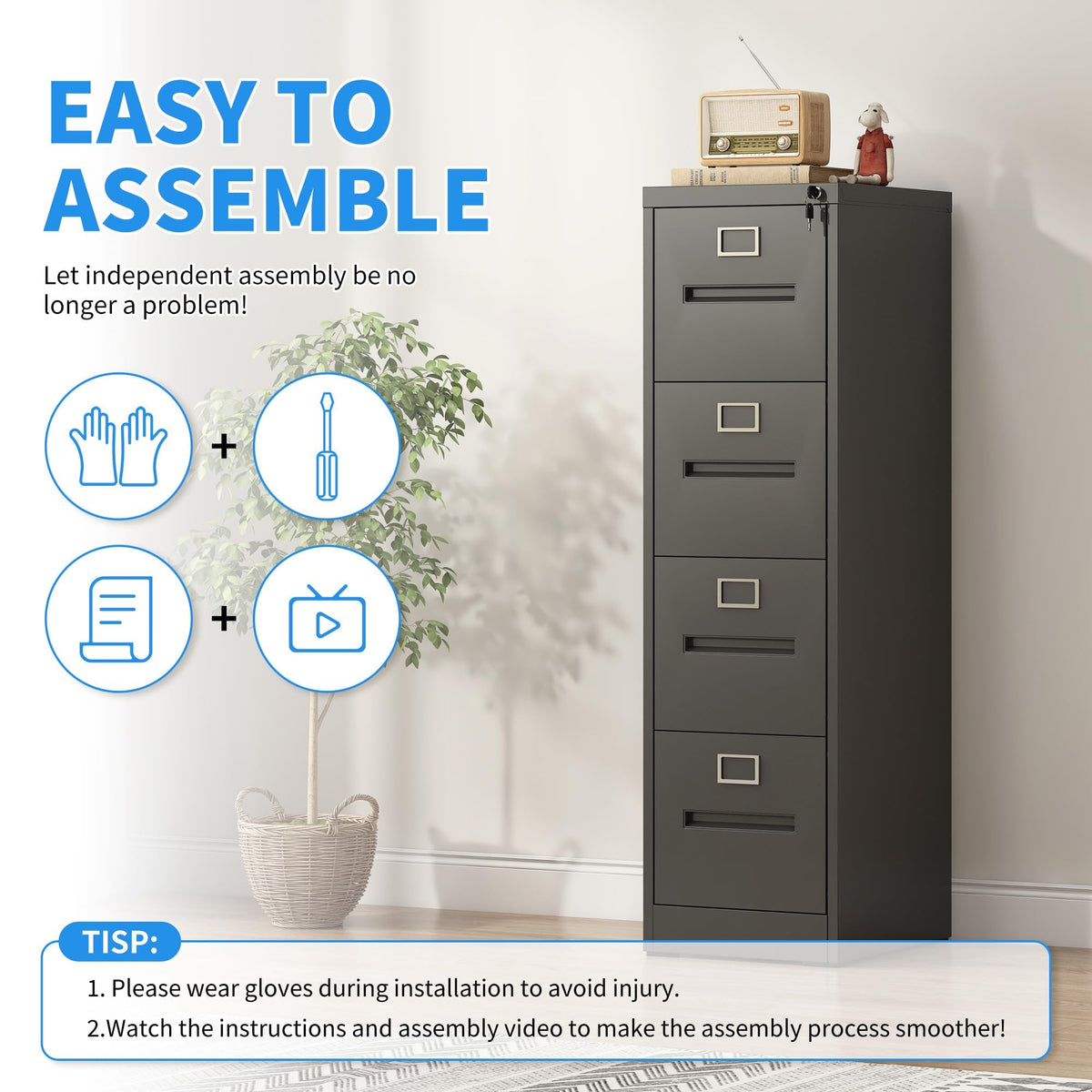 Black 4 Drawer Metal File Cabinet with Lock Y3576