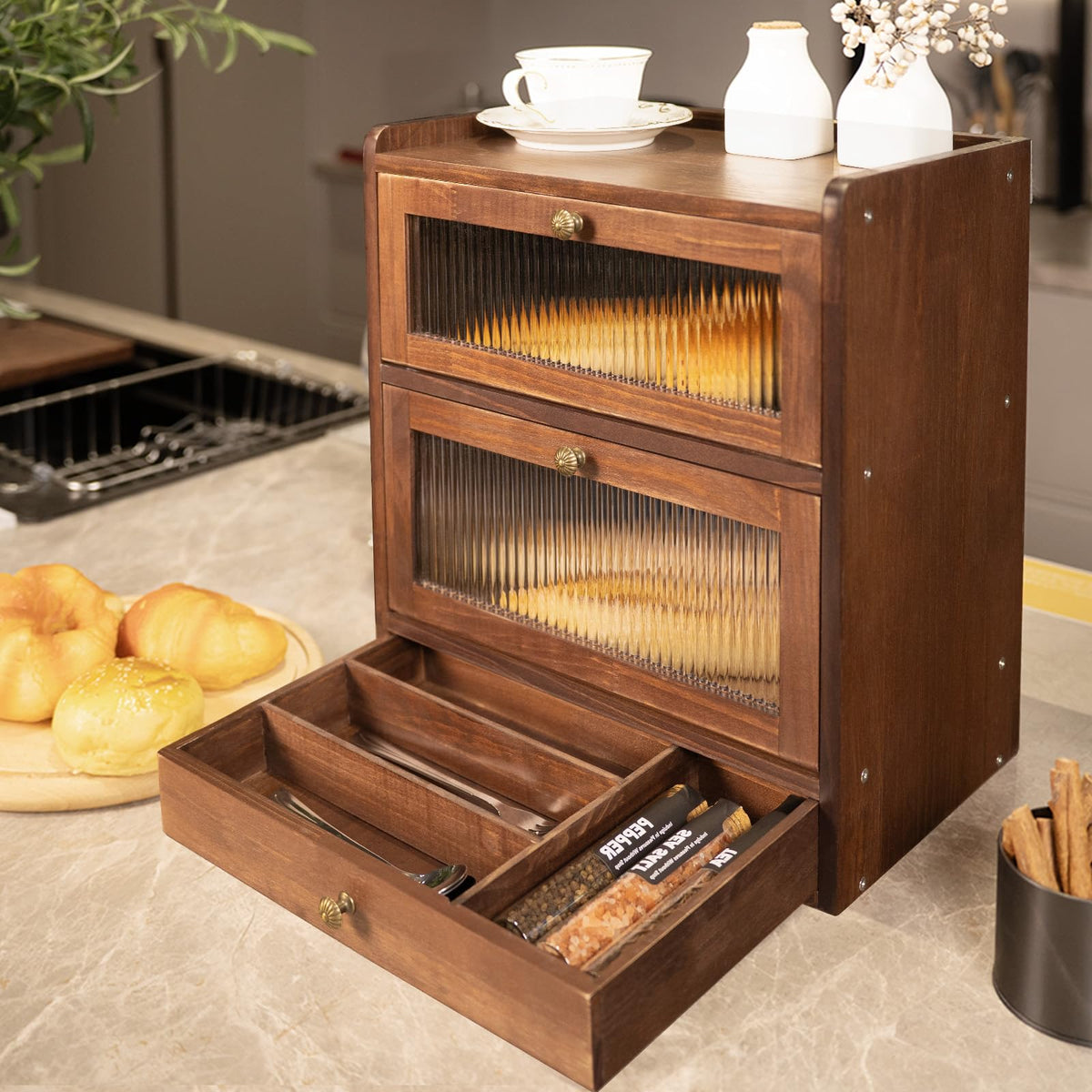 Wood Bread Box with Cutlery Drawer X293472