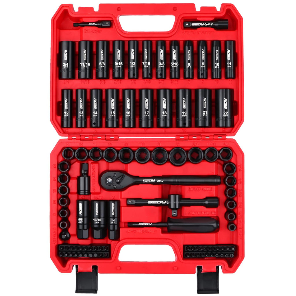 96-Piece 3/8" Drive Impact Socket Wrench and Bit Set, SAE & Metric, Cr-V Standard & Deep Sockets H26551