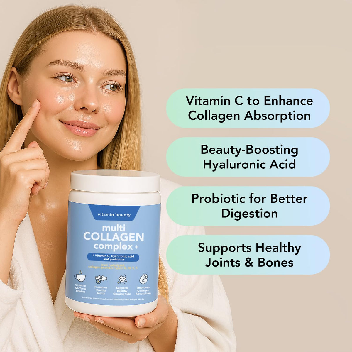 Multi Collagen Peptides Powder with Probiotics, Vitamin C & Hyaluronic Acid, 50 Servings J993933
