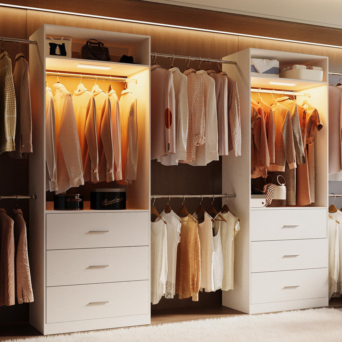 Wooden 11FT Closet Organizer with 3 Drawers and 4 Hanging Rods White Q5567