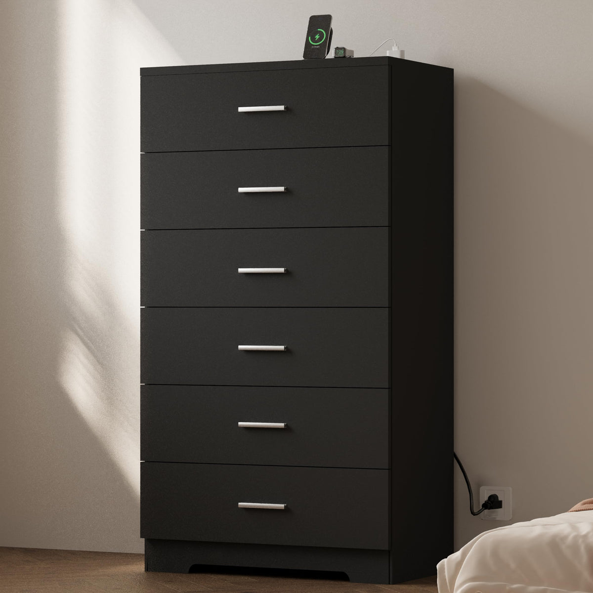 Black 6 Drawer Wood Dresser with Power Outlets O1504