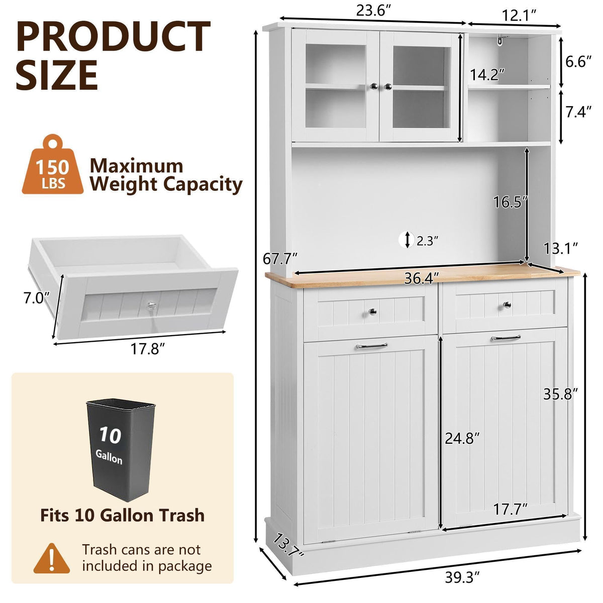 68.4" White Kitchen Pantry Storage Cabinet with Shelf, 2 Drawers and Tilt Out Trash Cabinet L814