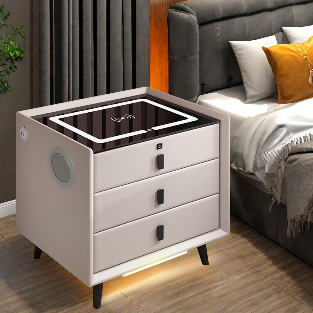 White 3 Drawer LED Nightstand with Wireless Charging O334954