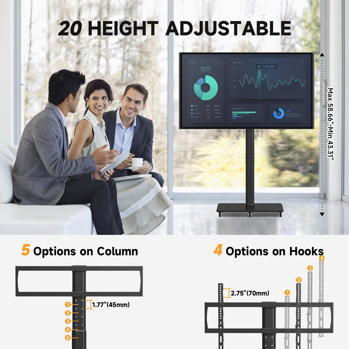 Tall Floor TV Stand for 32-75" TV with Wheels G9198