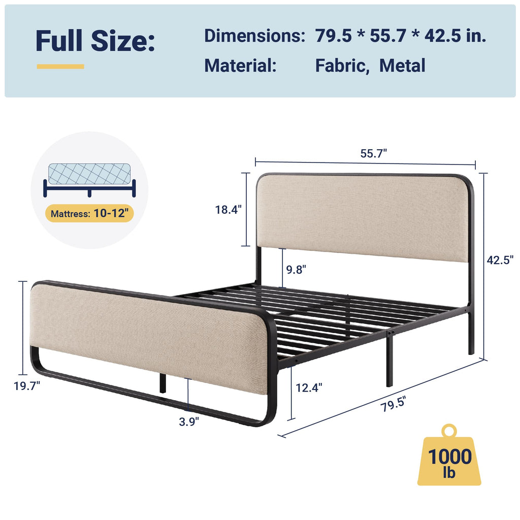 Full Metal Bed Frame with Upholstered, Beige J56085