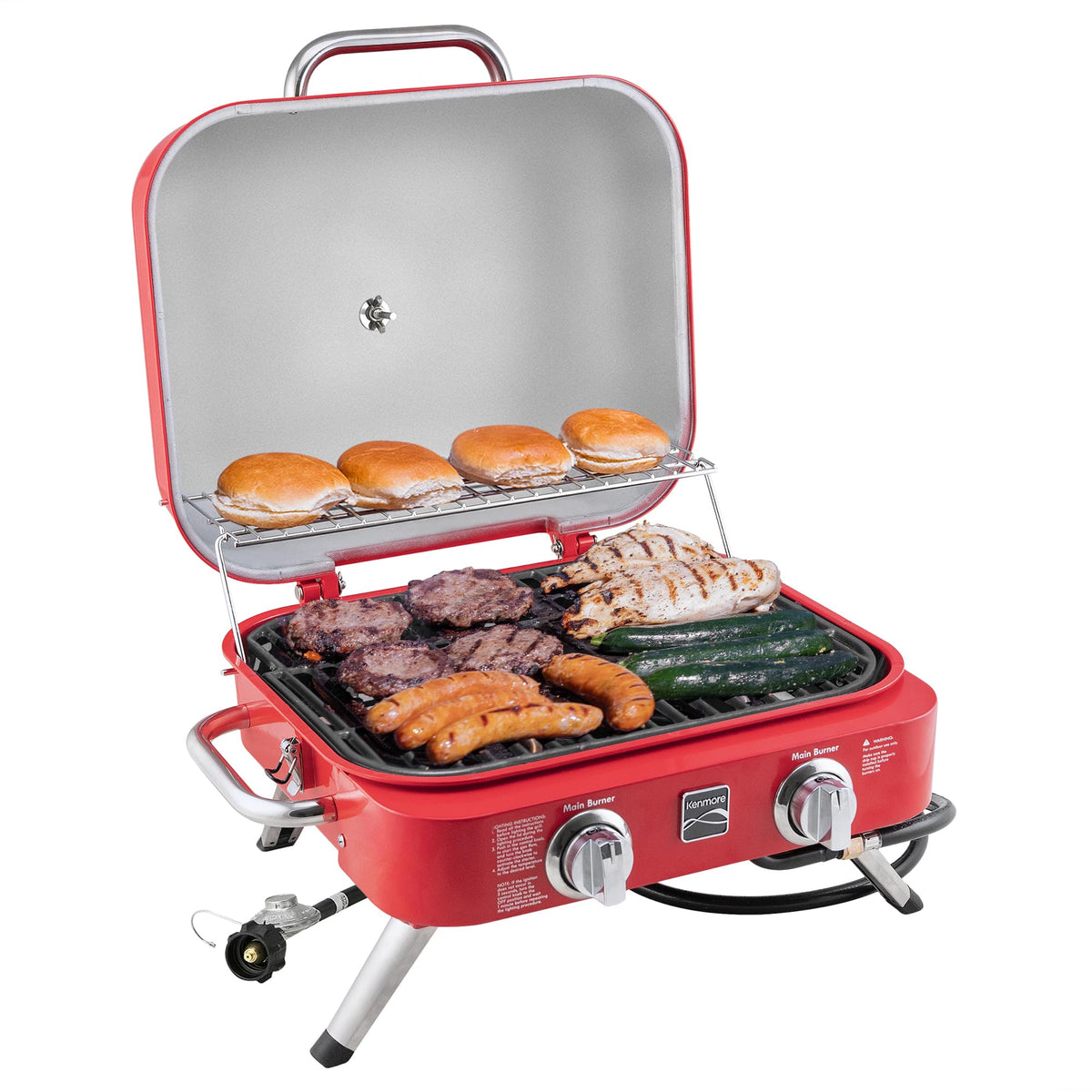 Portable Propane Gas Grill with Warming Rack, 2 Stainless Steel Burners, 14,000 BTUs, Red Y47772