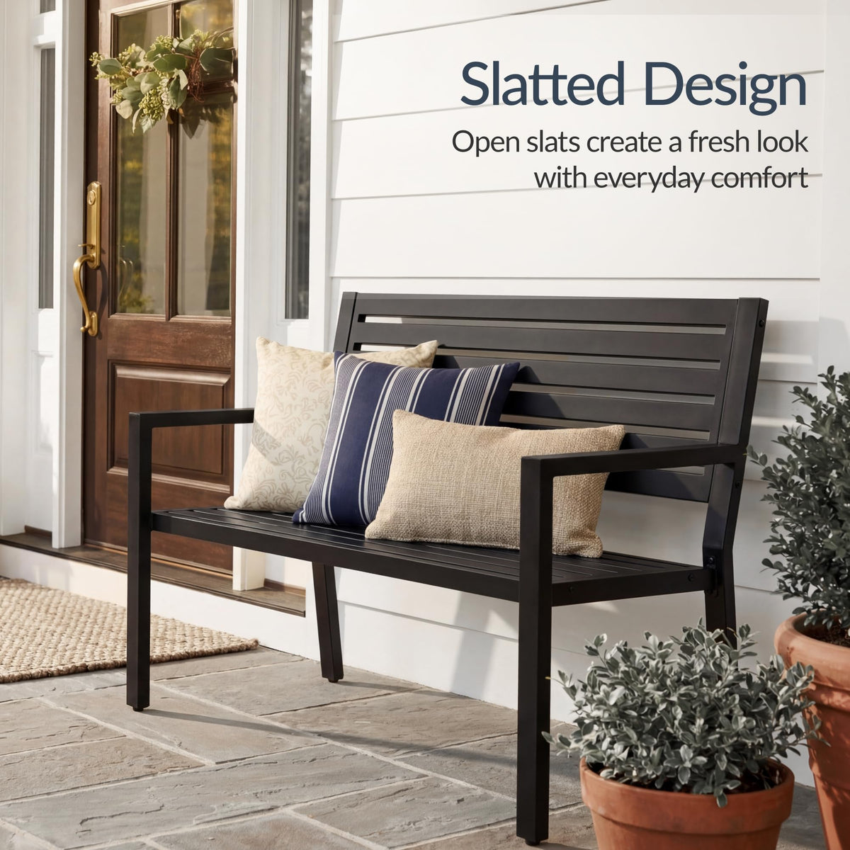 Heavy Duty Steel Outdoor Bench with Armrests Z318854