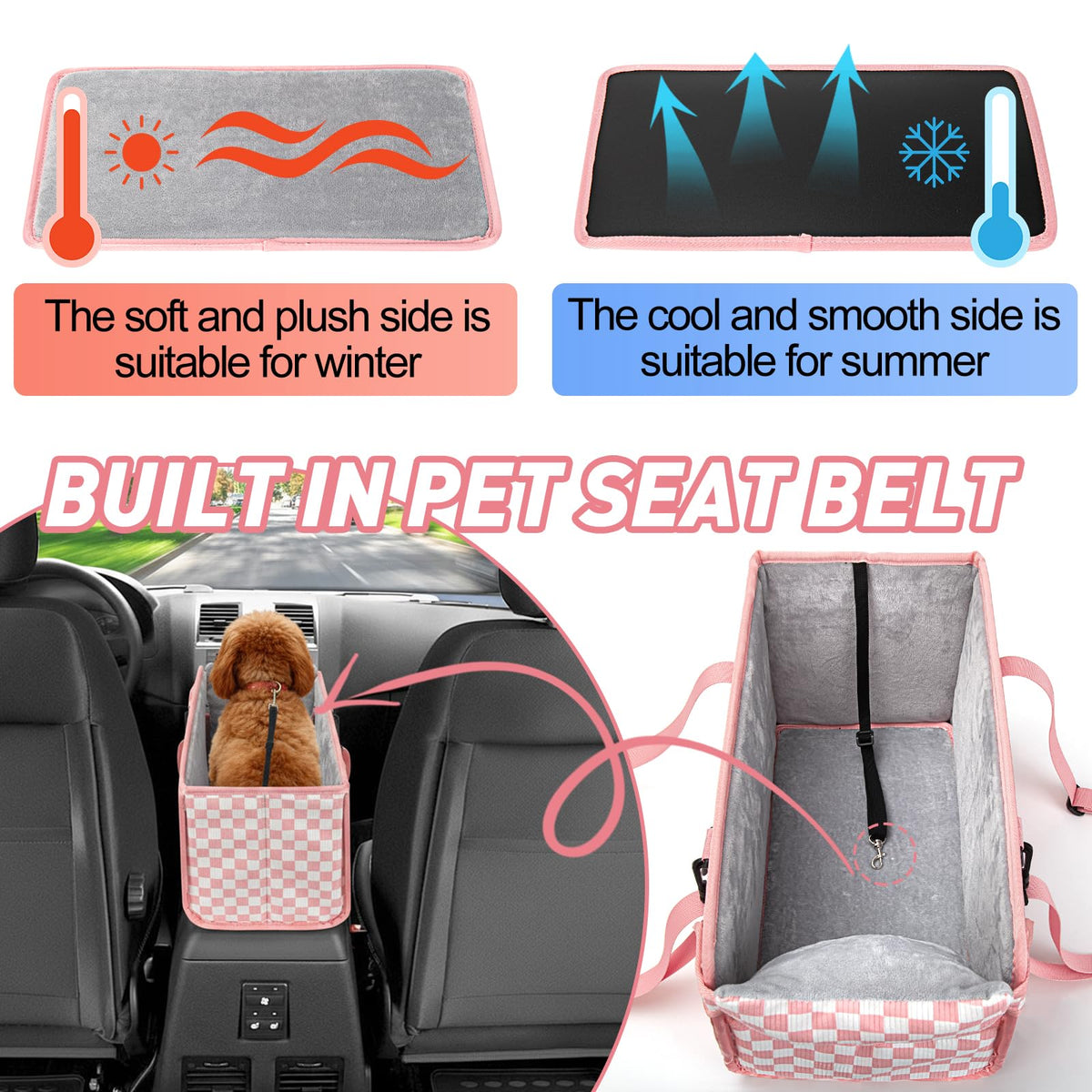 Pink Checkered Foldable Dog Car Seat D5288
