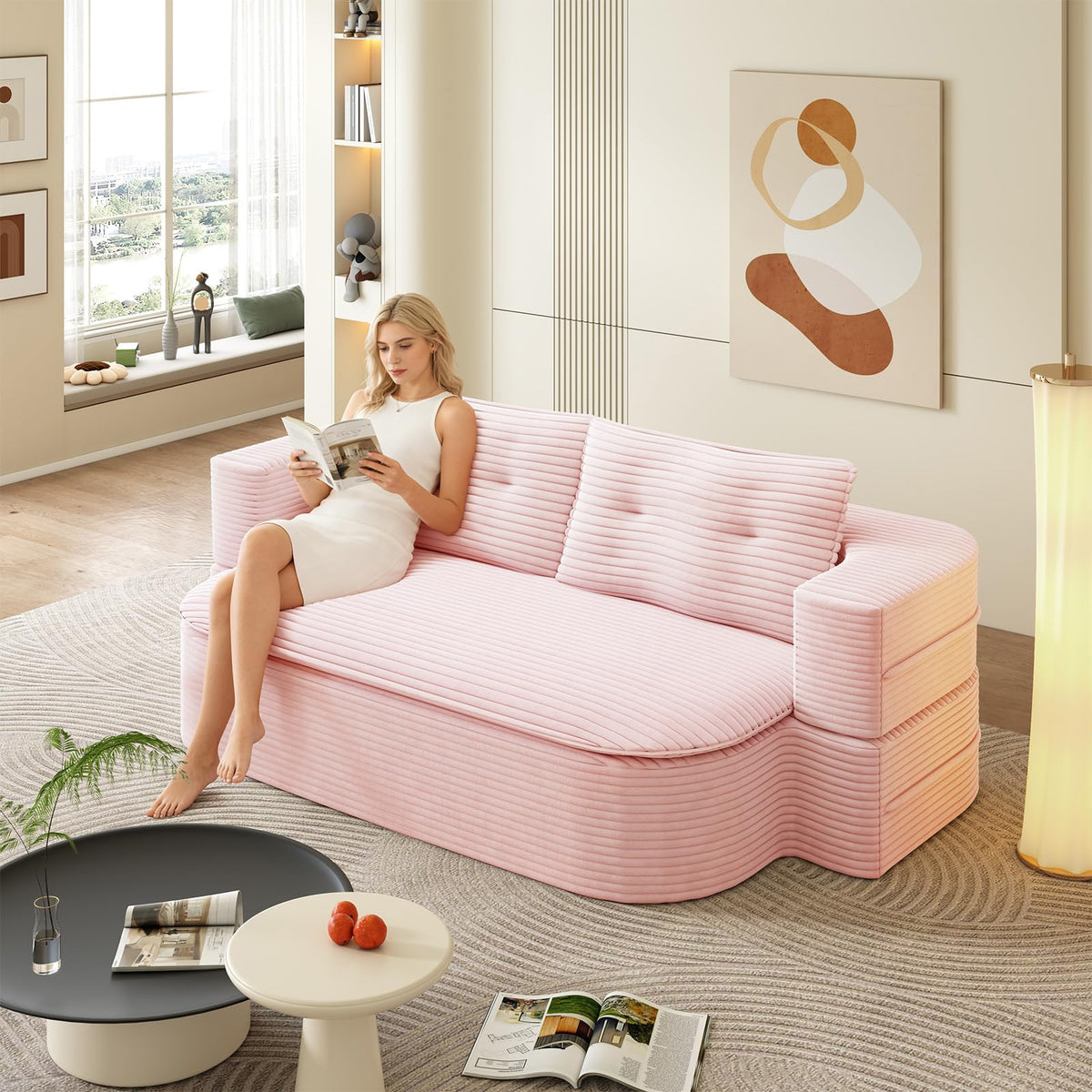 Pink Corduroy Convertible Sleeper Sofa D705