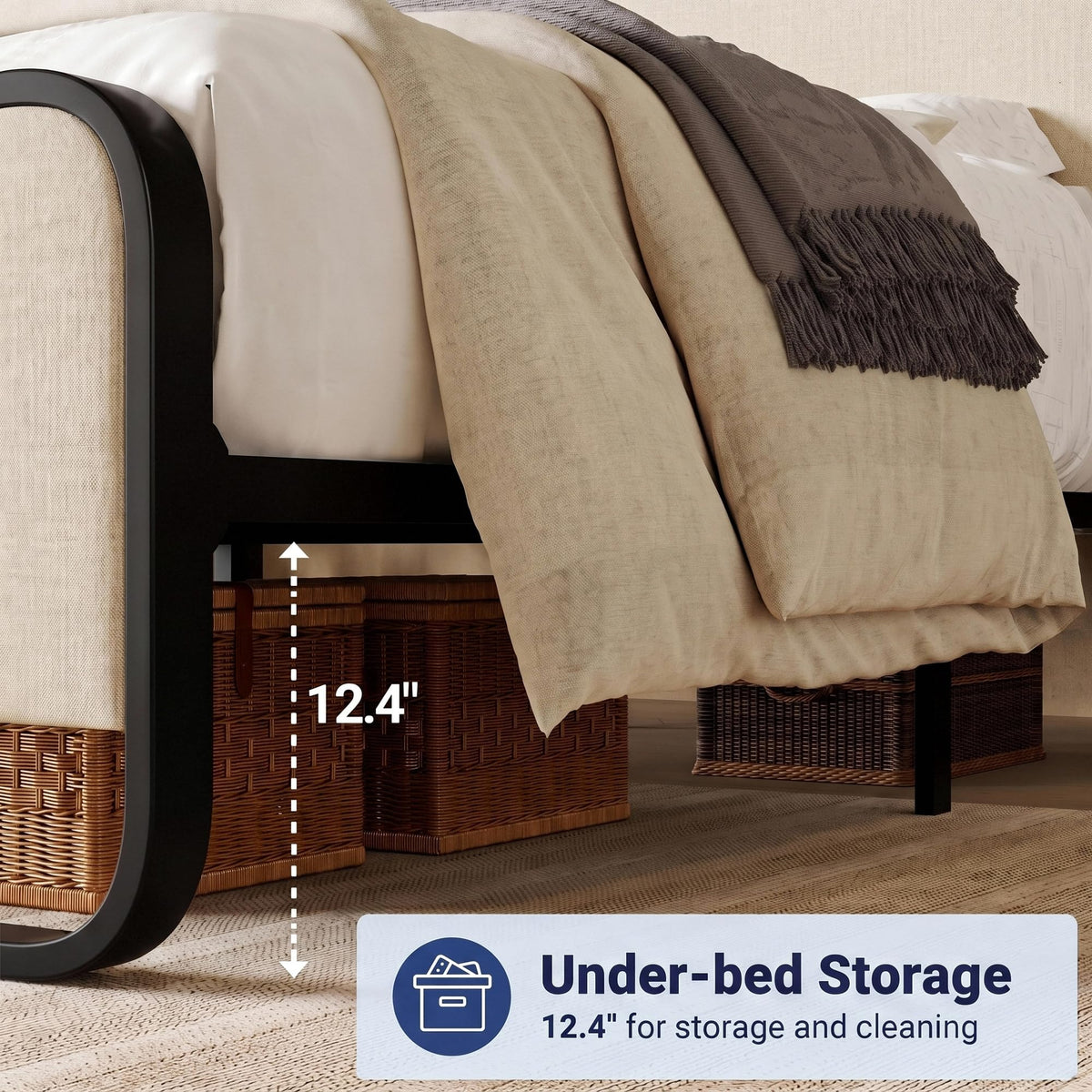 Full Metal Bed Frame with Upholstered, Beige J56085