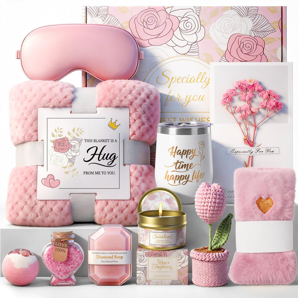Spa Gift Set with Blanket, Tumbler, Eye Mask, Fuzzy Socks A538327