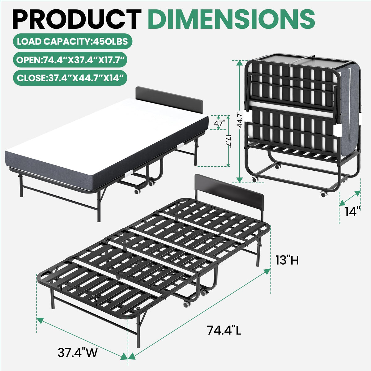 Folding Bed with Mattress, 5-Inch Memory Foam, 500lbs Capacity, Metal Frame, Adjustable Headboard R48179