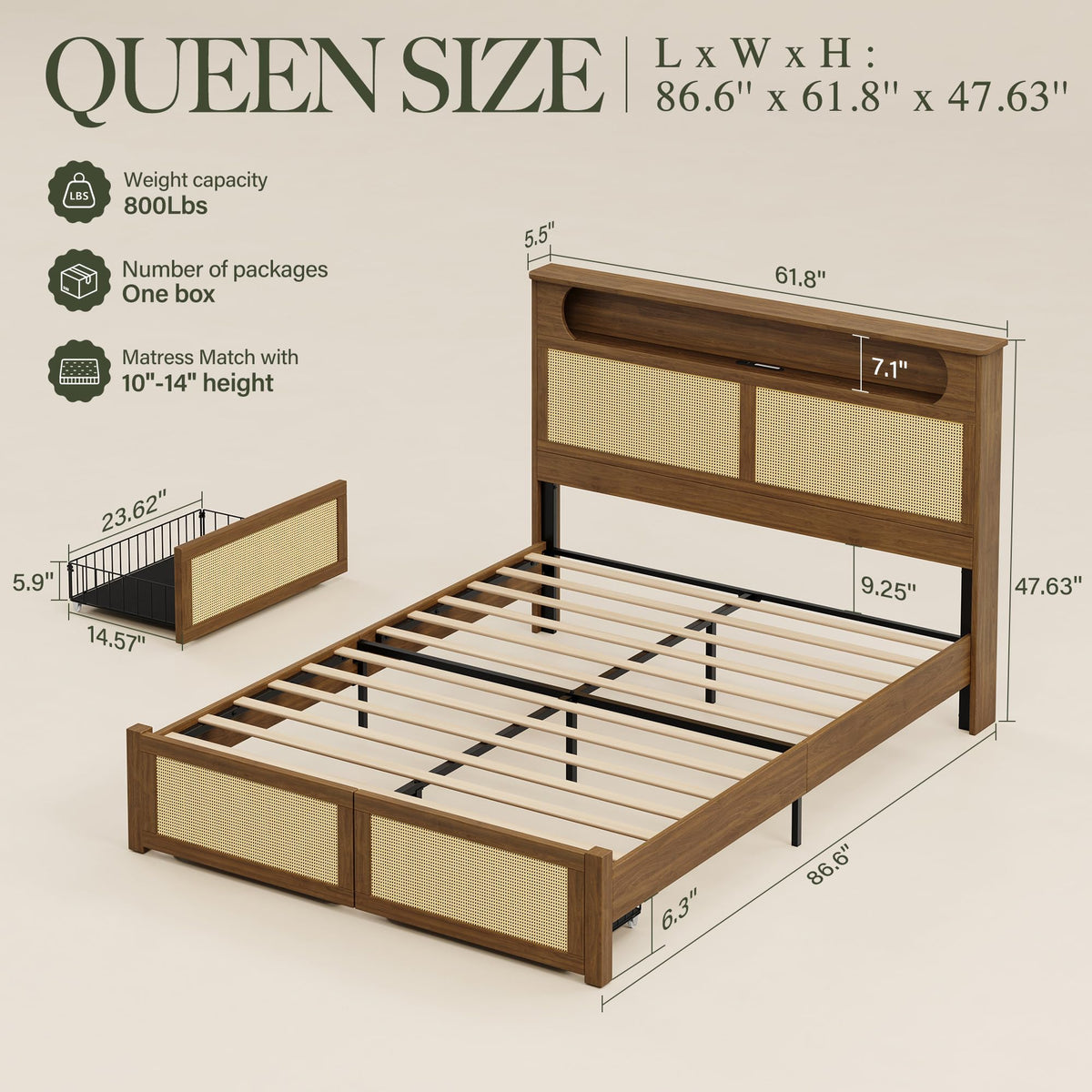 Queen Size Rattan Bed Frame with 2 Storage Drawers W660090