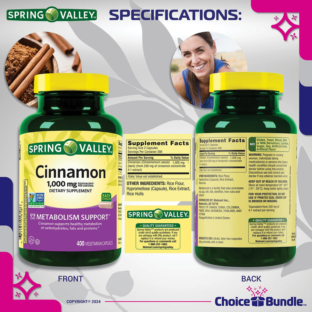 Cinnamon Supplement 1000mg 400 ct Vegetarian Capsules W353