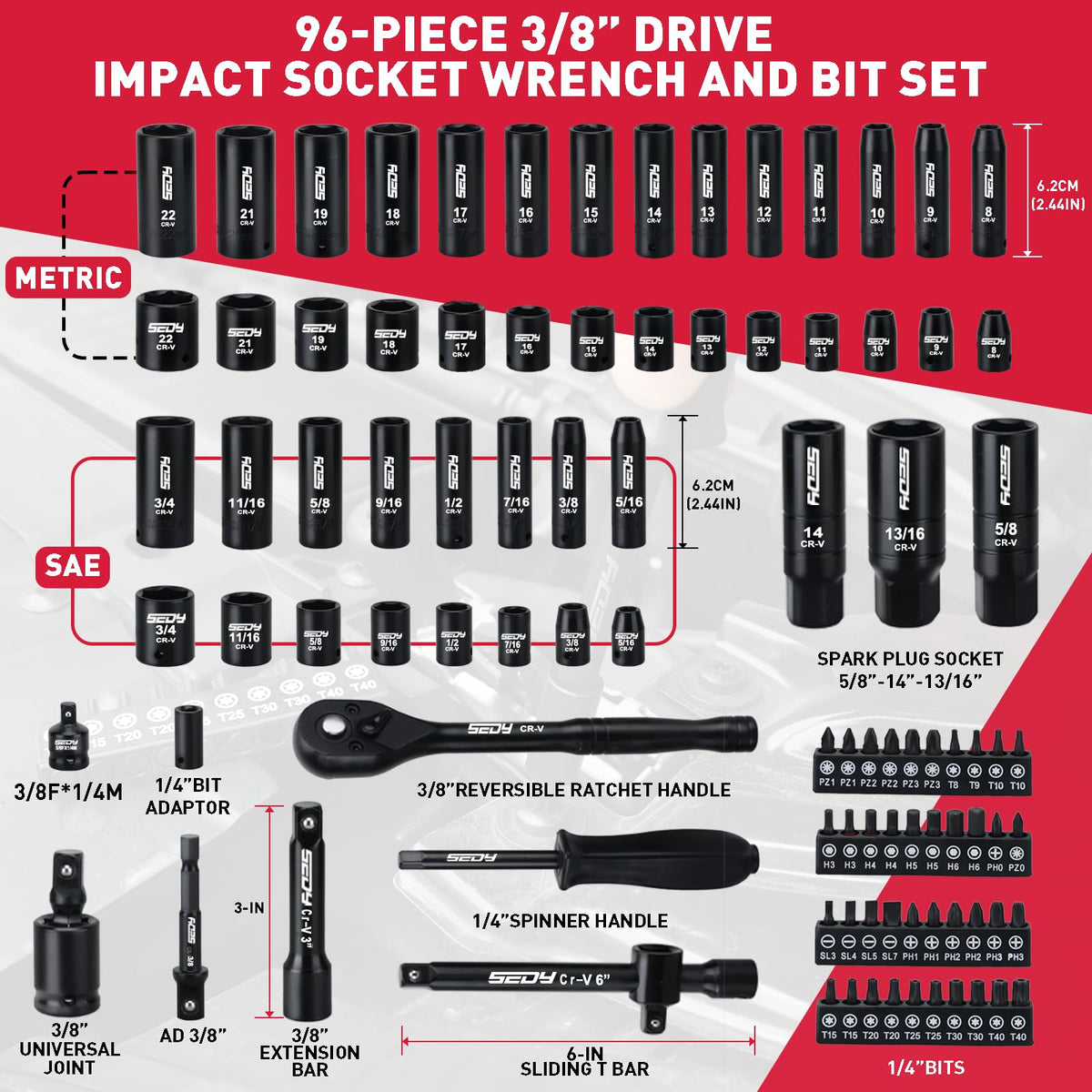 96-Piece 3/8" Drive Impact Socket Wrench and Bit Set, SAE & Metric, Cr-V Standard & Deep Sockets H26551