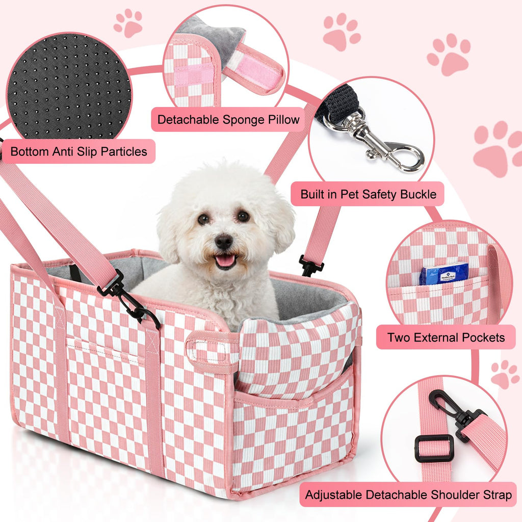 Pink Checkered Foldable Dog Car Seat D5288
